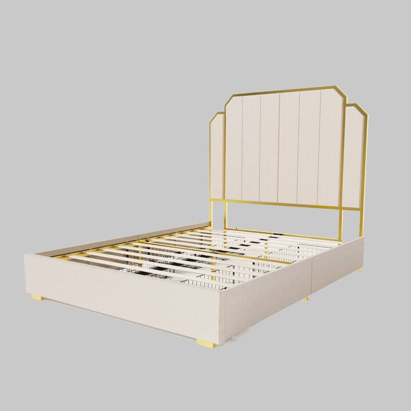 Modern Queen Size Bed Frame with Velvet Upholstery, Gold-Plated Accents, 59" Headboard