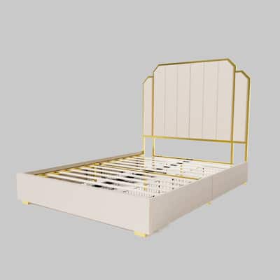 Modern Queen Size Bed Frame with Velvet Upholstery, Gold-Plated Accents, 59" Headboard