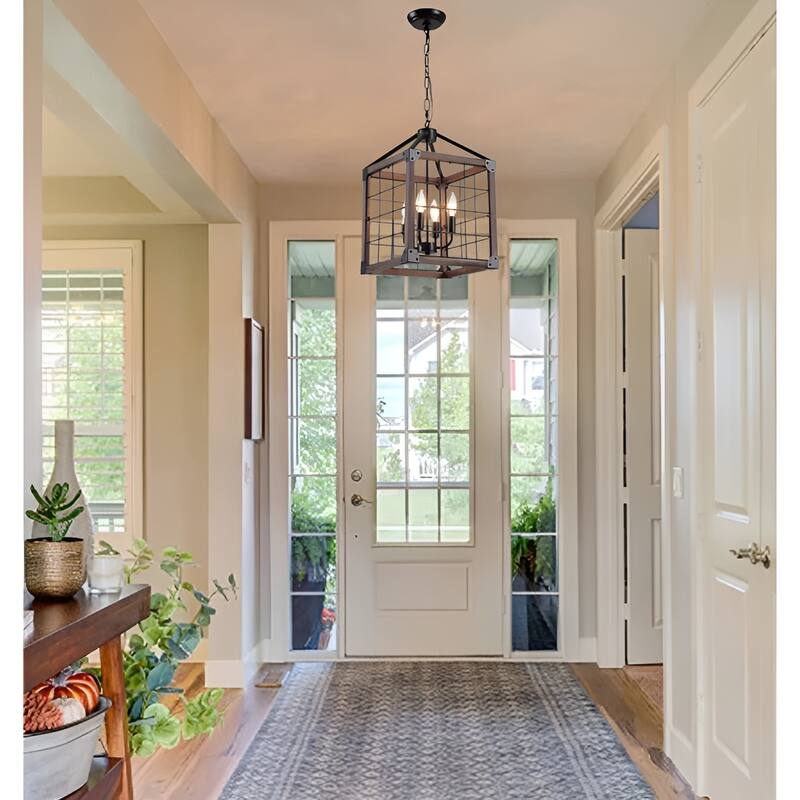 4 - Light Square/Rectangle Chandelier with Wood and Accents
