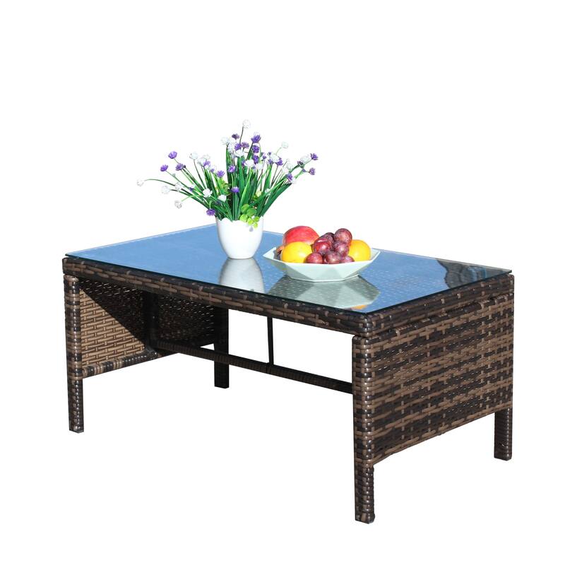 Outdoor Coffee Table, Tea Table With Clear Tempered Glass Top, Water Resistant UV Resistant Rectangualr Cocktail Table - Brown