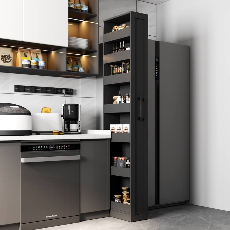 7 Tier Multi-Functional Pull-Out Multi-Tier Storage Single-Sided Open Shelf For Kitchen, Living Room & Narrow Spaces - Black