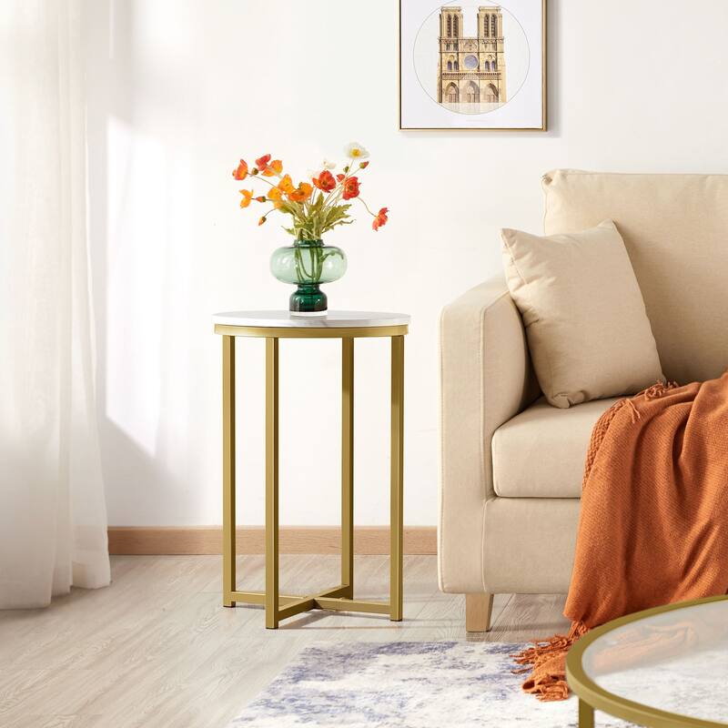 Yaheetech X-Based Faux Marble Side Table Round Tabletop and Metal Legs - Mustard Gold