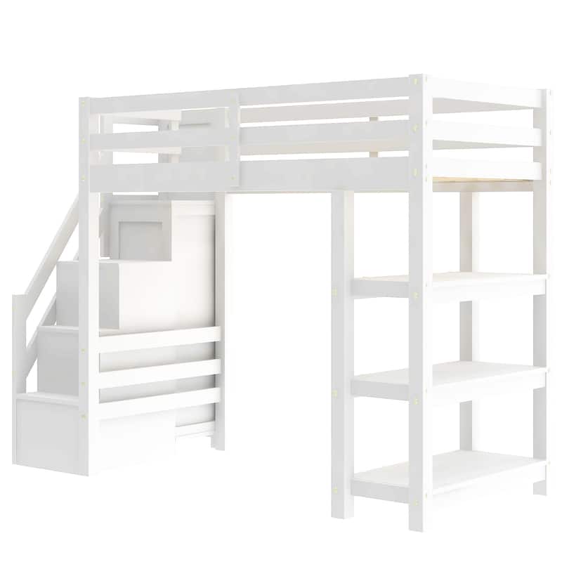 3-Tier Shelves Loft Bed White Wood Bed Frame with Storage Staircase and Safety Guardrail, Bright LED Lights Underneath
