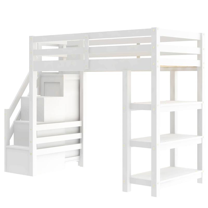 Full/Twin Size Loft Bed with Shelves & Storage Staircase - Small Wardrobe & White LED Light