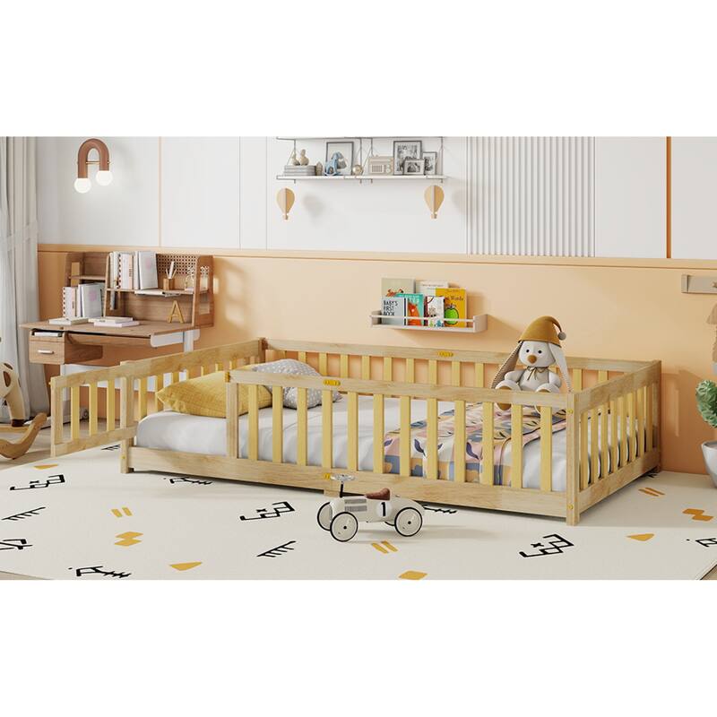 Roomfitters Twin/Full/Queen Rubber Wood Floor Bed with Fence and Swing Door, Safety Guardrails, Low Profile Design