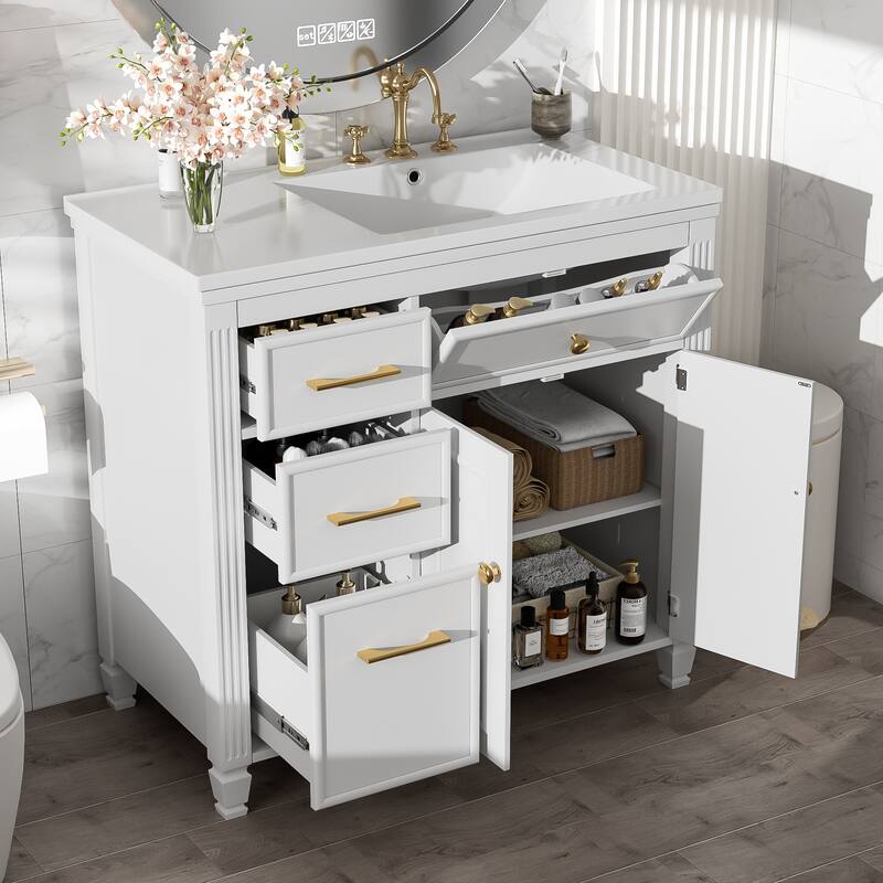 36" Bathroom Vanity - Tip-Out Drawer + 3 Side Drawers, Ceramic Sink, Adjustable Shelf - White