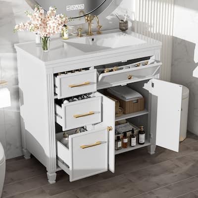 36" Bathroom Vanity - Tip-Out Drawer + 3 Side Drawers, Ceramic Sink, Adjustable Shelf