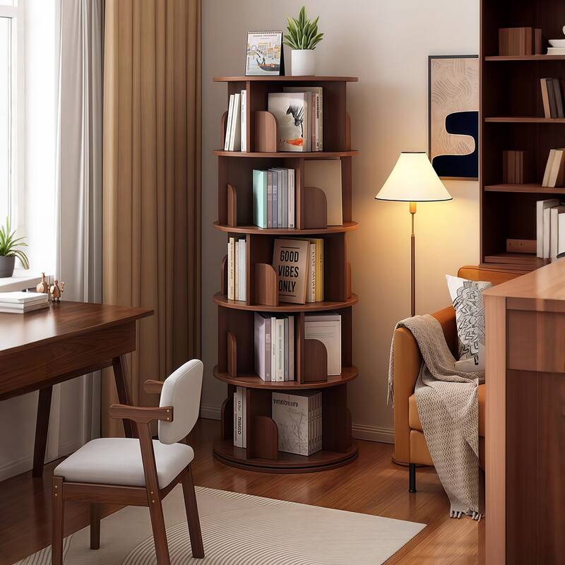 5 Tier Rotating Bookshelf, 360°Display Round Spinning Bookshelf, Space-Saving, Small Space Rotating Bookshelf Tower