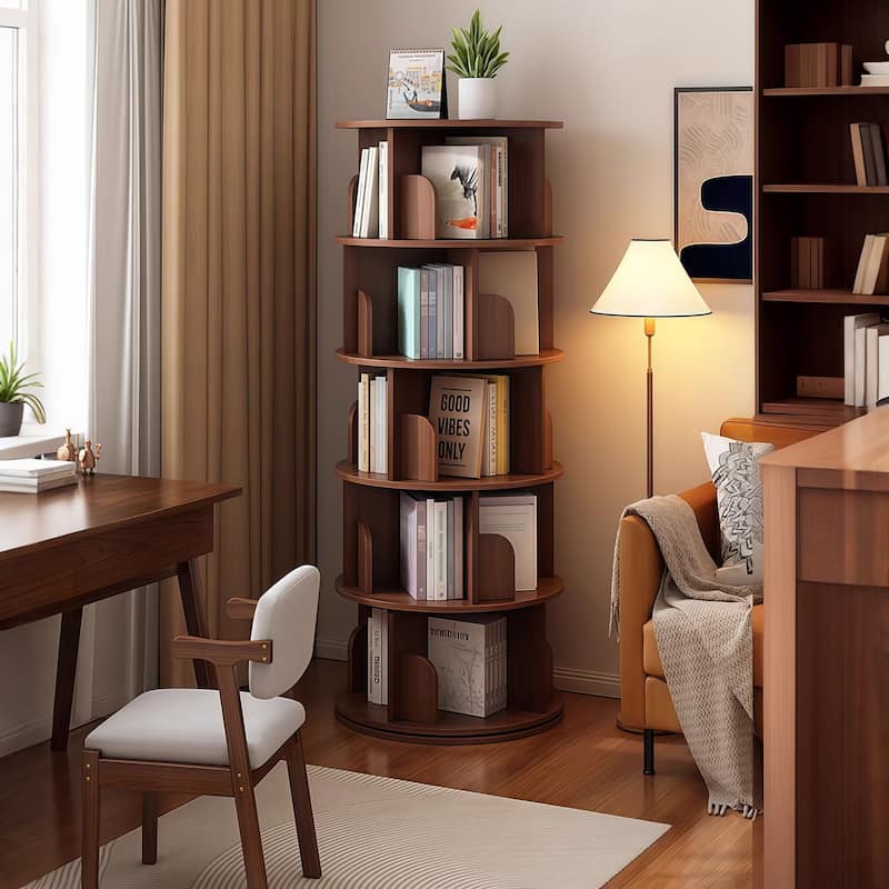 GDF Studio -Purling Modern 5-Tier Wood Rotating Bookshelf with 360-Degree Space-Saving Design