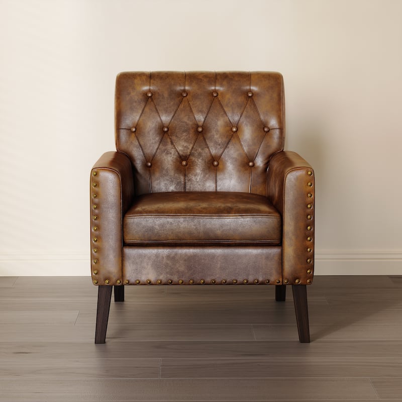 Modern Upholstered Accent Chair with Tufted Backrest and Solid Wood Legs Living Room Armchair