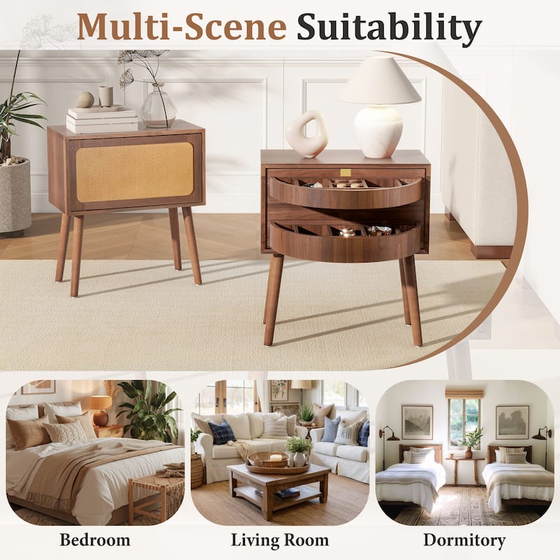 Rotating Hidden Compartment Nightstand for Bedroom, Mid Century Modern Rattan Bedside Table End Table with Wood Legs