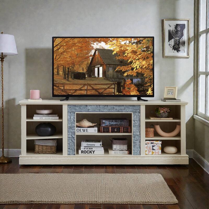 70 Inch TV Stand for TVs up to 75 Inch, Media Console with Faux Stacked Stone Surround, Storage Cabinet & Cable Management