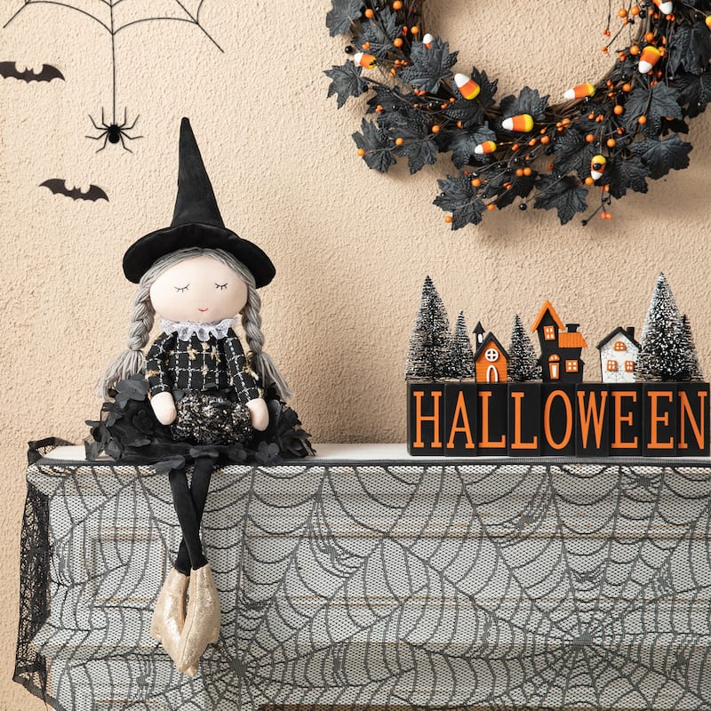 Glitzhome 29"H Halloween Fabric Dressed Witch or Pumpkin Sitter Decor - Black Witch