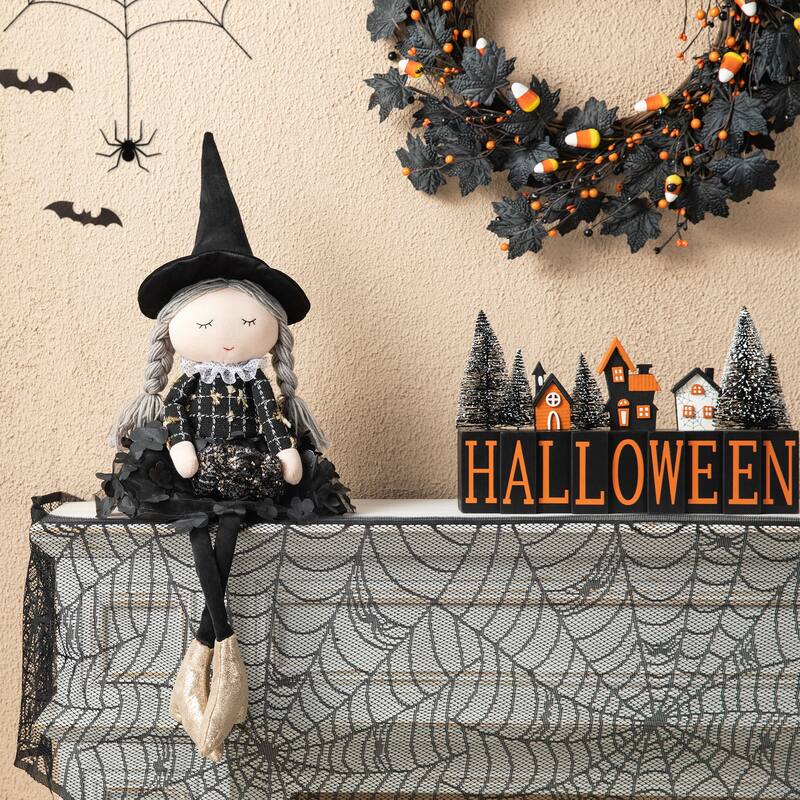 Glitzhome 29"H Halloween Handmade Fabric Dressed Witch Pumpkin Jack-O-Lantern Figurine Sitter Table Decor