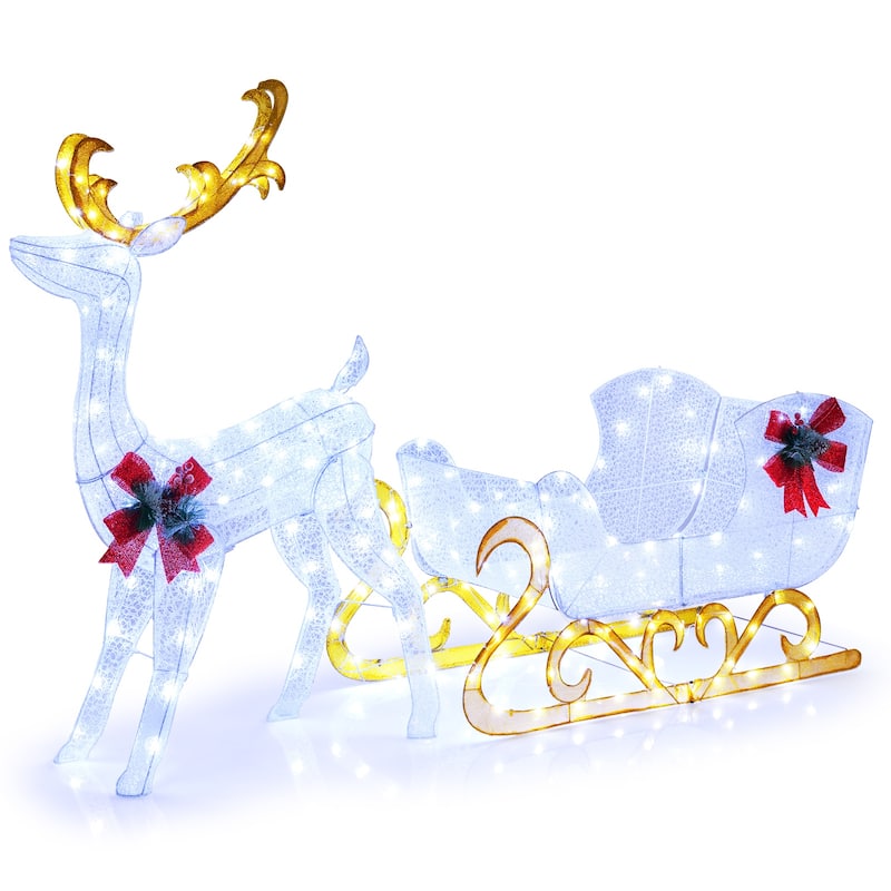 Lighted Reindeer and Sleigh Christmas Yard Decoration with 215 LED Lights for Outdoor Display - White