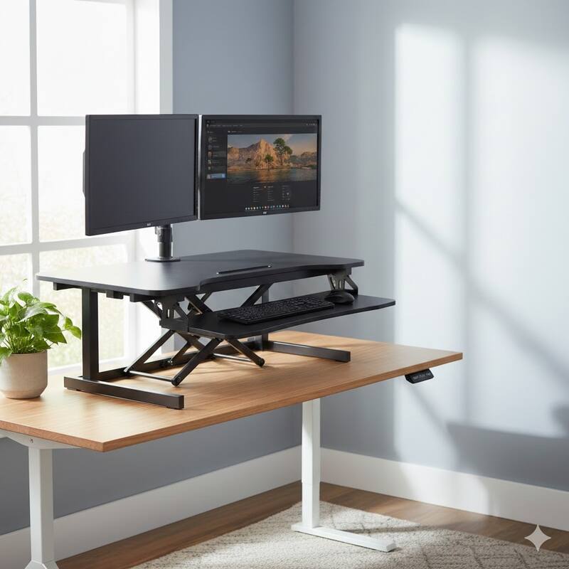 Rocelco 43 in. W Black Height Adjustable Standing Desk Converter with Dual Monitor Stand Up Riser and Tablet Slot Platform