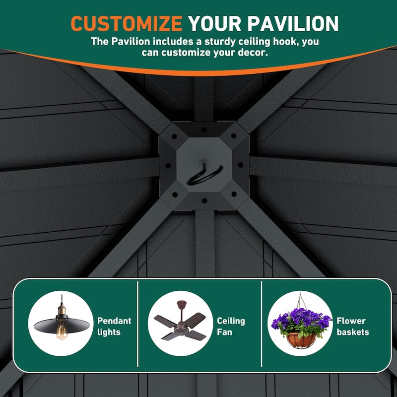Permanent Hardtop Gazebo 12' x 14' wiith 4 LED Lights, with Galvanized Steel Double Roof, Mosquito Nettings, Black