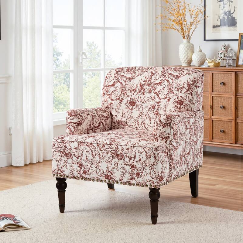 Striped Upholstered Linen Armchair with Brass Nailhead Trim - ROCOCO - Orange