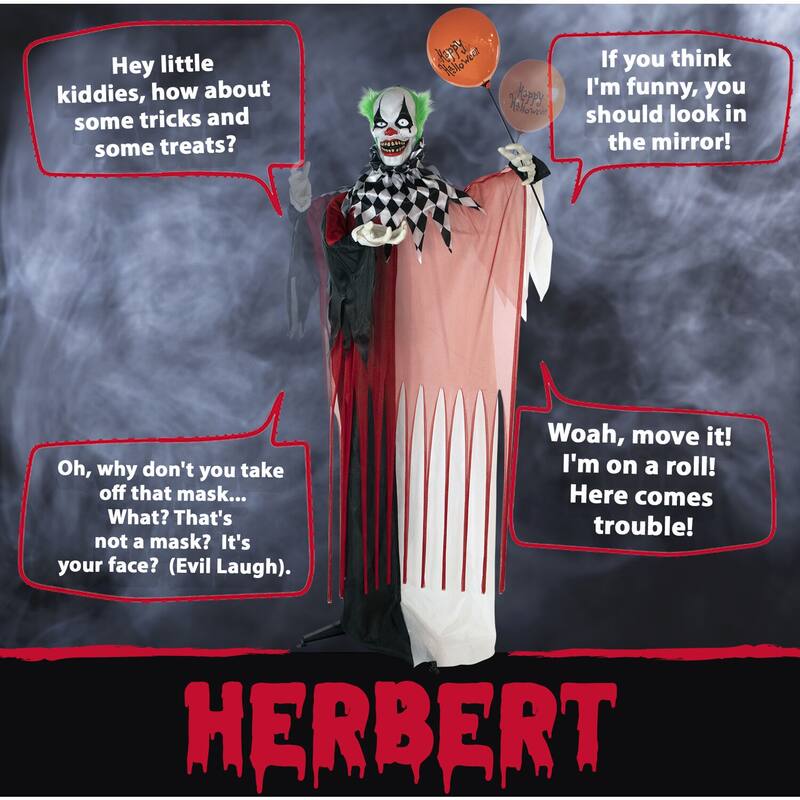 Haunted Hill Farm Life-Size Animatronic Clown, Indoor/Outdoor Halloween Decoration, Flashing Red Eyes, Poseable, Battery