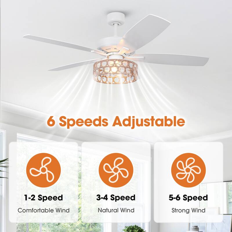 52" Bohemian White 5-Blade Natural Jute Ceiling Fan with Light Kit and Remote