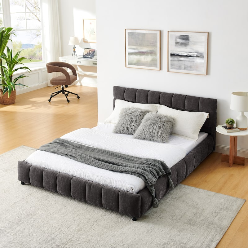 Block Thick Chenille Low Profile Platform Bed Fabric Upholstered Bedframe with Headboard Solid Wood Frame - Optional Storage Bed