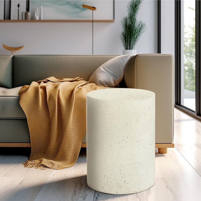 Off White with Speckled Grey Cement Round Indoor Outdoor Side and End Table - 17.91" H x 12.99" Diameter