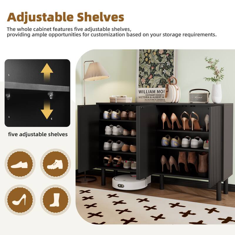 Minimalist Shoe Cabinet with Fluted Doors and 5 Solid Wood Legs - 55.1" W × 13.7" D × 35.4" H