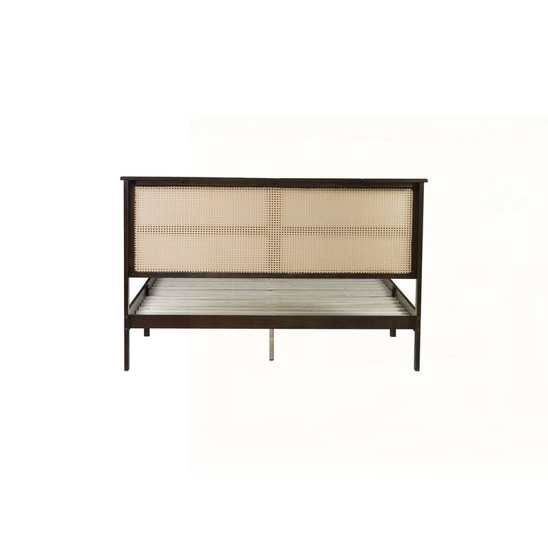 Solid Wooden Bed with Rattan Headboard