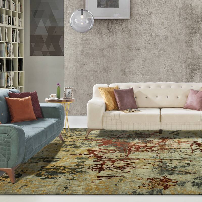 Modern Multi-Colored Hand-Knotted Viscose Area Rug
