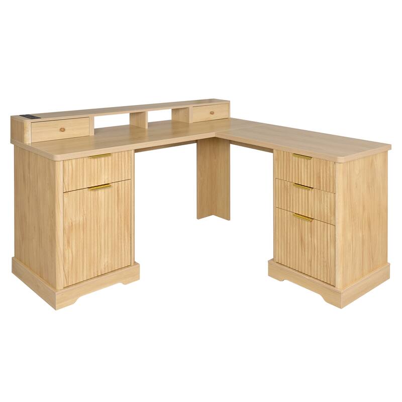 Executive L Shaped Desk Home Office Desk with Charging Station, Corner Computer Desk with Monitor Stand, Drawer, Storage Cabinet