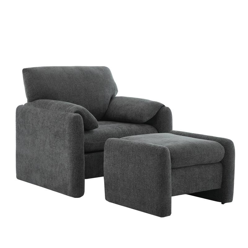 Chenille Single Sofa Chair & Ottoman Set - Charcoal