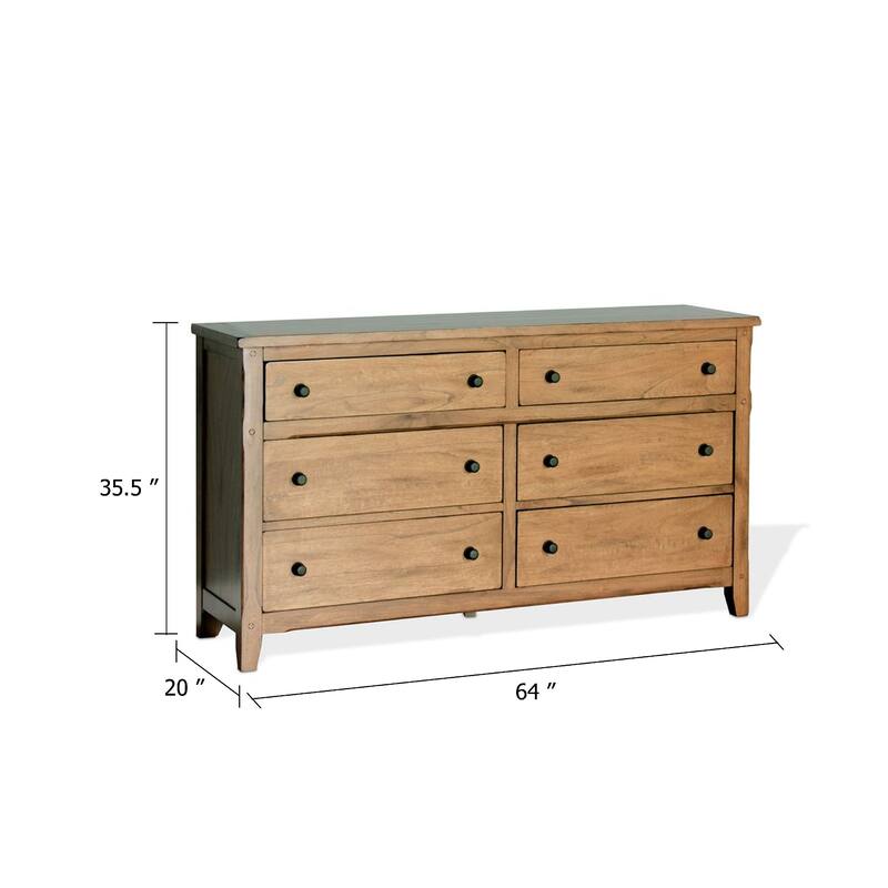 Marv 64 Inch Wide Dresser, 6 Drawers w Knobs, Golden Oak Brown Wood