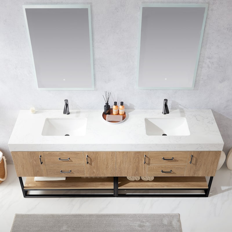 Alistair 84" Double Vanity with White Grain Stone Top and Mirror - 84" x 22"