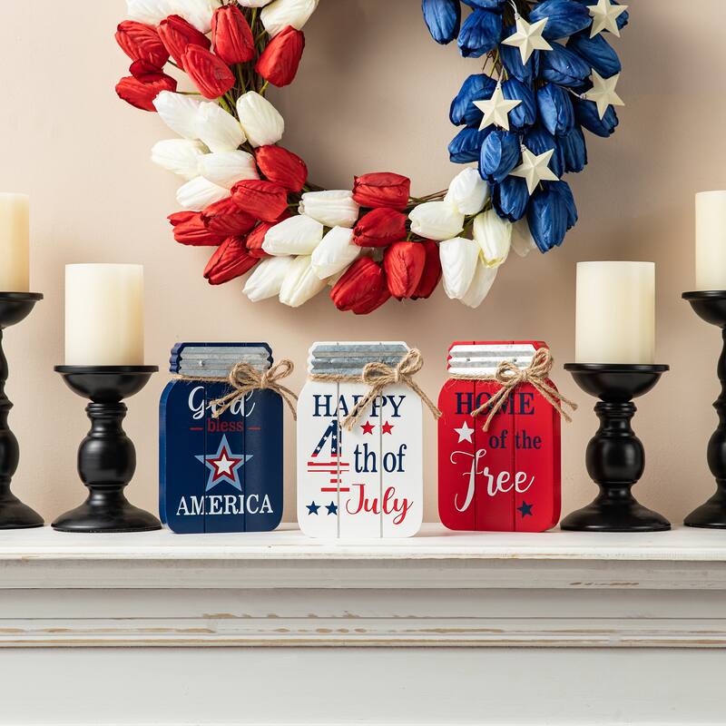Glitzhome Set of 3 Wooden Patriotic Americana Table Signs Decor