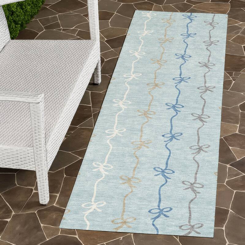 Machine Washable Indoor/ Outdoor Modern Bow Stripe Chantille Rug - Sky - 2'3" x 7'6"