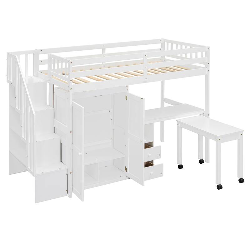 Space-Saving Loft Bed with Shelves Wardrobe, Movable table & Side Desk, Wooden Twin Bed Frmae wiht Storage Stairs & Two Drawers