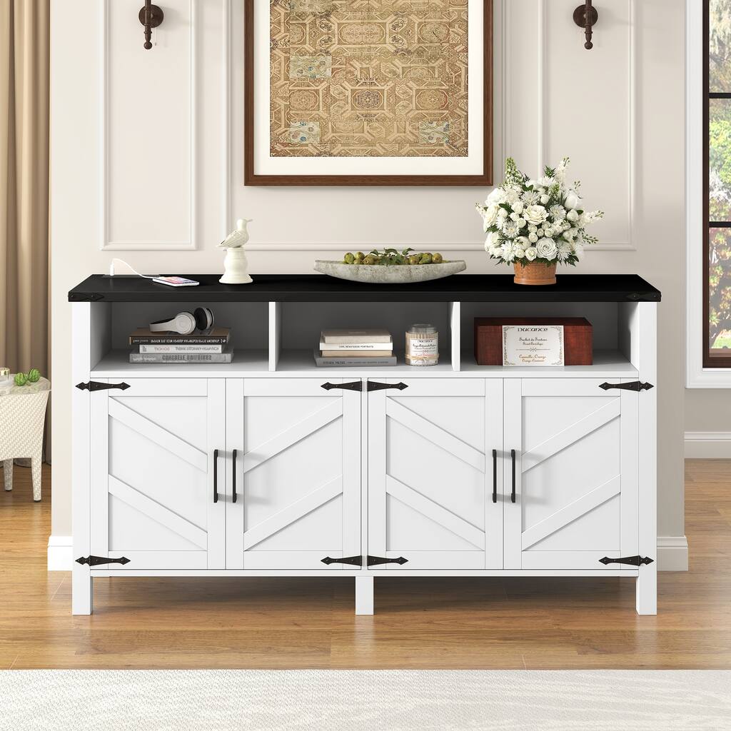 59" Modern 4-Door Sideboard Buffet with Power Outlets & USB Ports, Adjustable Shelves and Half-Open Storage Cabinet