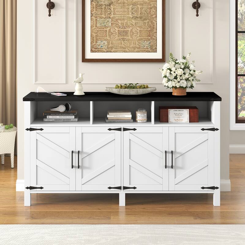 Sideboard Buffet with Power Outlets and USB Ports, 4 Door Sideboard with Adjustable Shelves and 3 Open Storage Cubbies