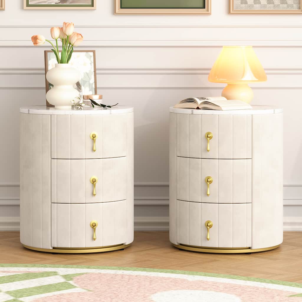 2 Set Upholstered Nightstand with 3 Drawers, with Metal Handles,Marbling Stickers Top Night Table for Bedroom