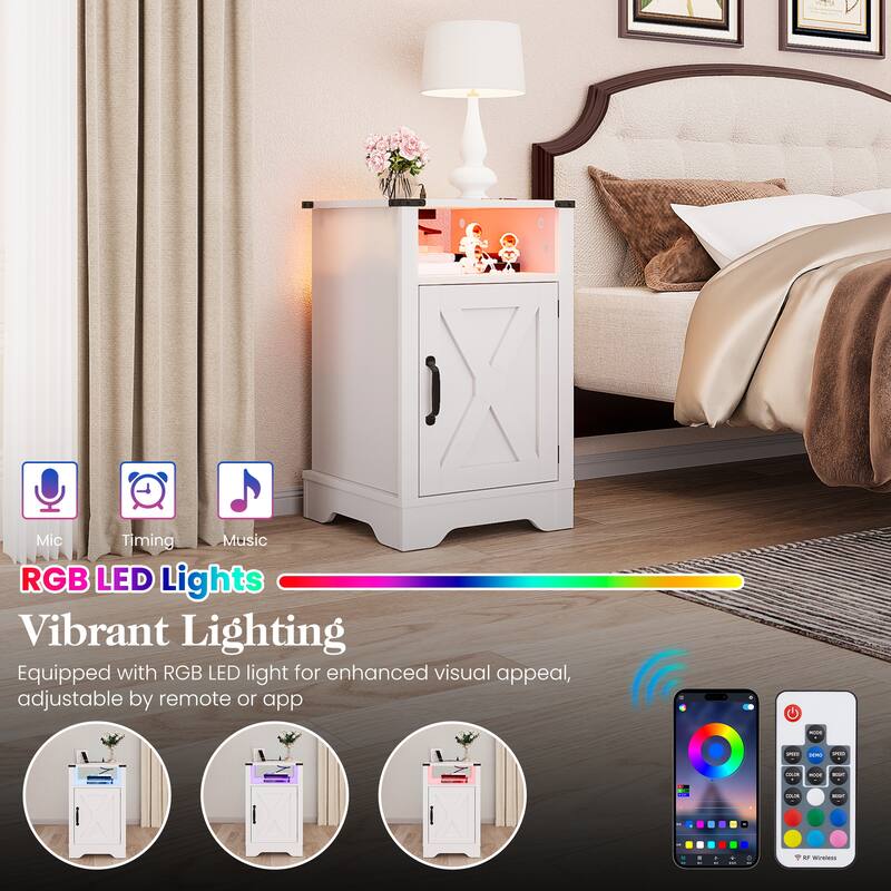 Farmhouse Nightstand Set of 2 With LED Lights and Charging Station