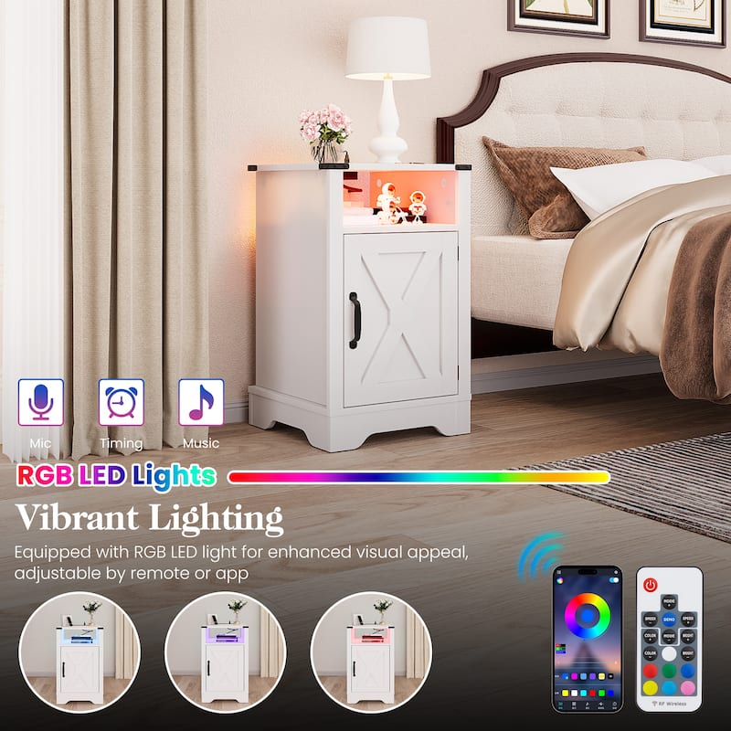 Farmhouse Nightstand With LED Lights and Charging Station