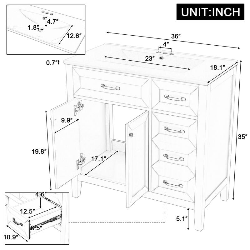 36" Bathroom Vanity with Sink Combo, Green Bathroom Cabinet with Drawers, Solid Frame and MDF Board