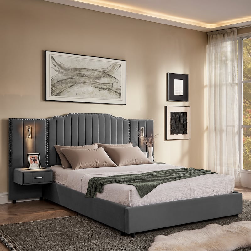 Queen Size Upholstered Bed Frame with Velvet Fabric, Vertical Stripe Design with Buttons Around Platform Bed - Gray