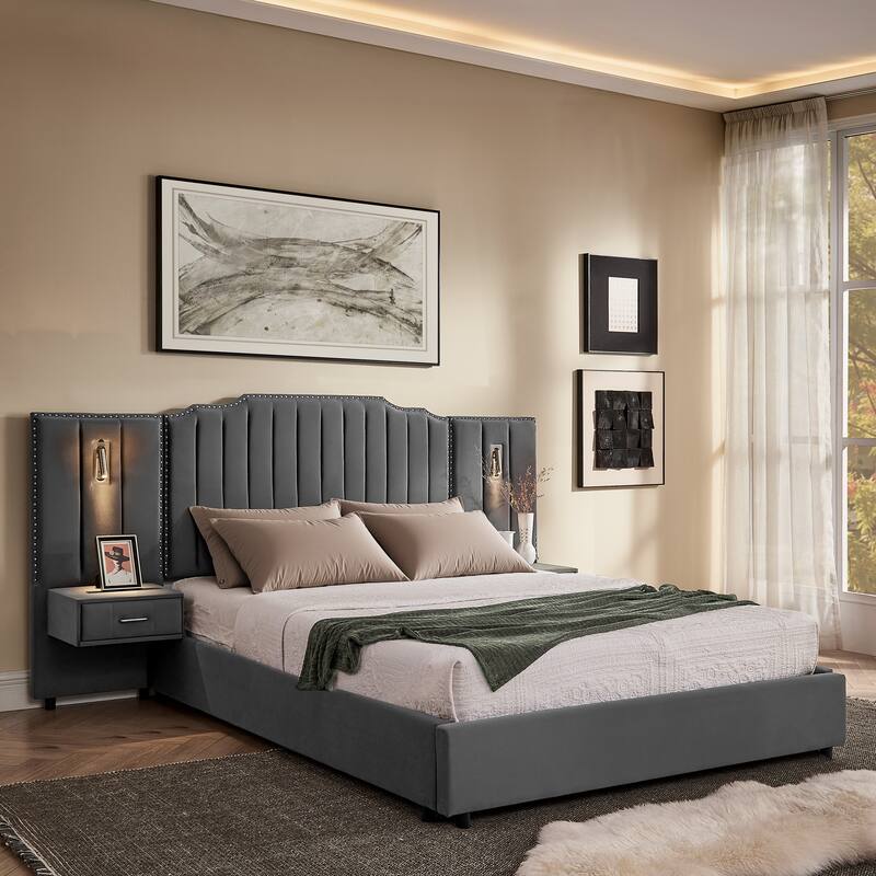 Upholstered Bed, Vertical Stripe Buttons Design Wingback Bed Frame, Velvet Fabric Platform Bed with Bedside Table
