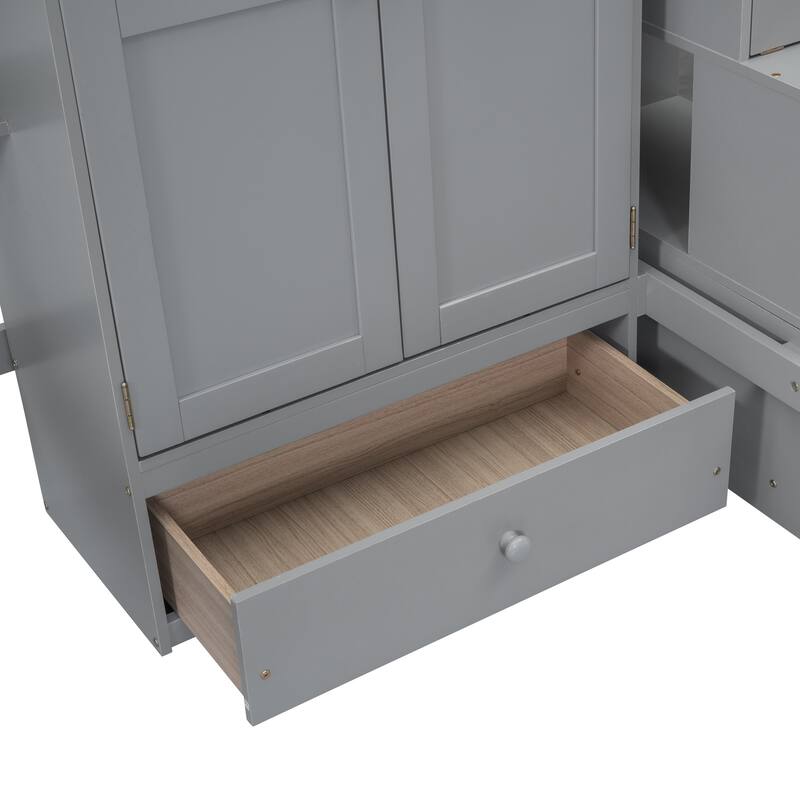 Full Size Loft Bed with Built-in Bookshelf, Drawers, Desk and Wardrobe in Gray