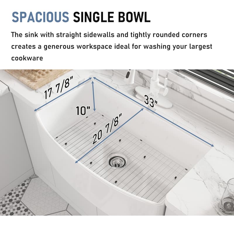 All-in-One Fireclay Curved Design Single Bowl Farmhouse/Apron-Front Kitchen Sink with Pull Down Kitchen Faucet and Accessories