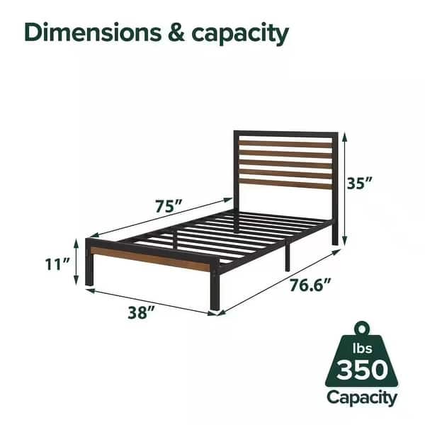 Twin Student Dorm Black Metal Platform Bed with Brown Wood Slat Headboard