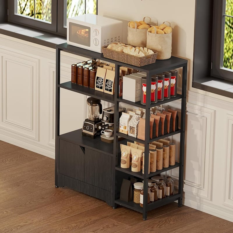Bakers Rack with Storage Cabinet, 5 - Tier Coffee Bar with Shelves