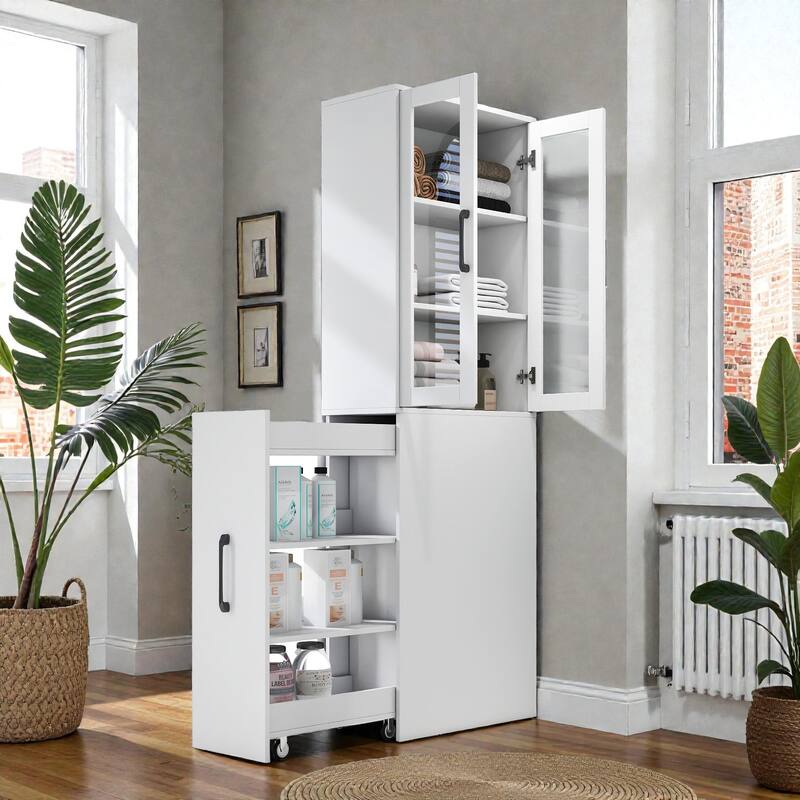 70.87" Tall Display Storage Cabinet with 4-Tier Pull-Out Shelf & Glass Doors, Modern Wooden Kitchen Pantry for Home