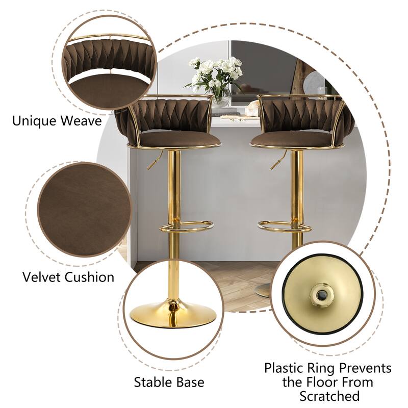 Modern Velvet Adjustable Swivel Bar Stools Set of 2